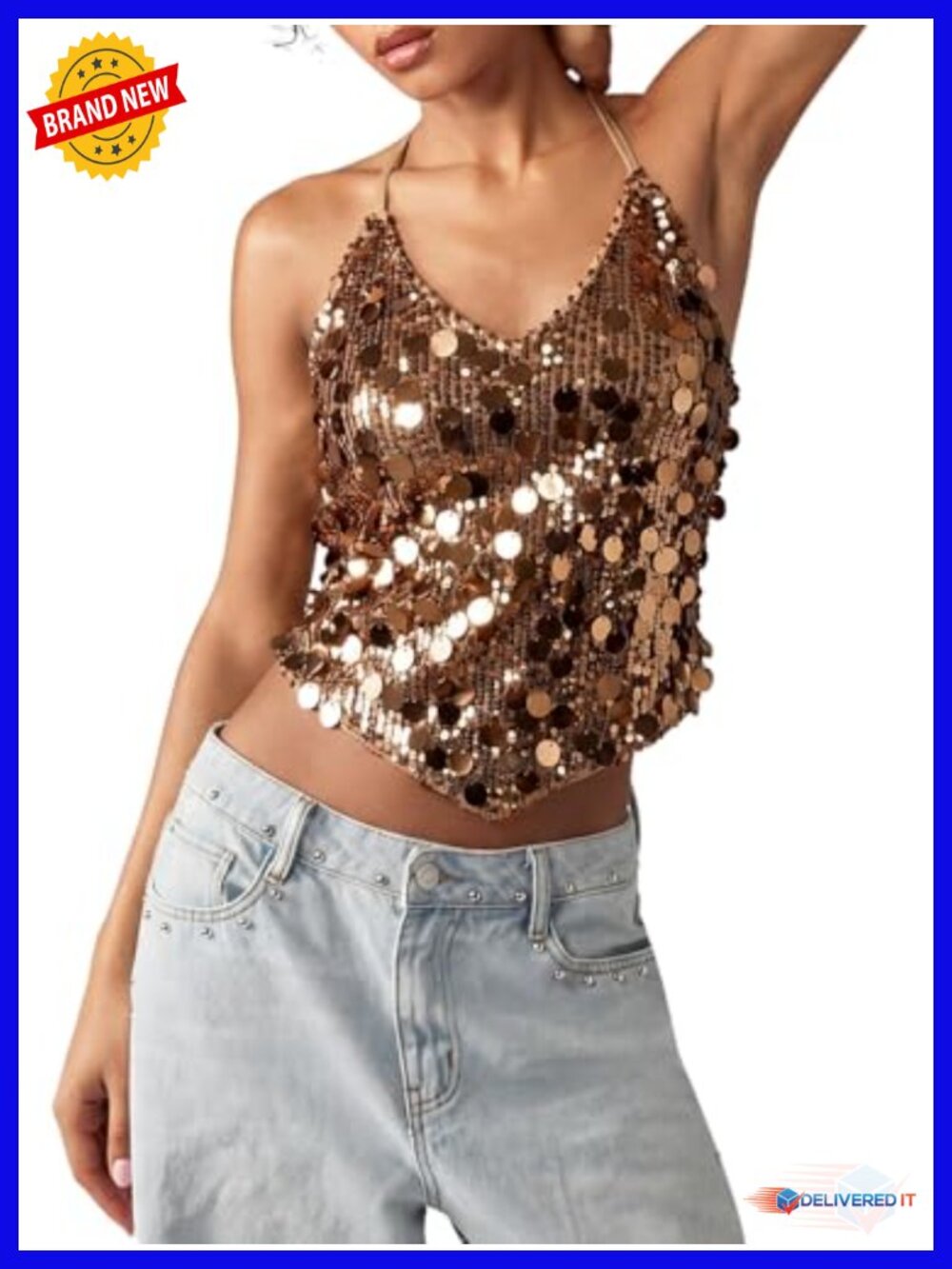 Sequin Halter Tank Top with Open Back